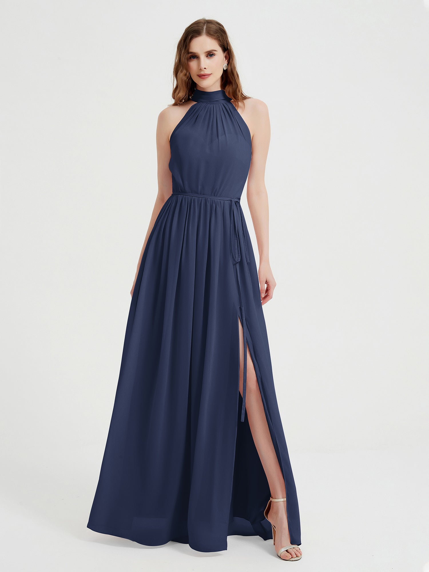 High Neck Full Length Dress with Slit Dark Navy